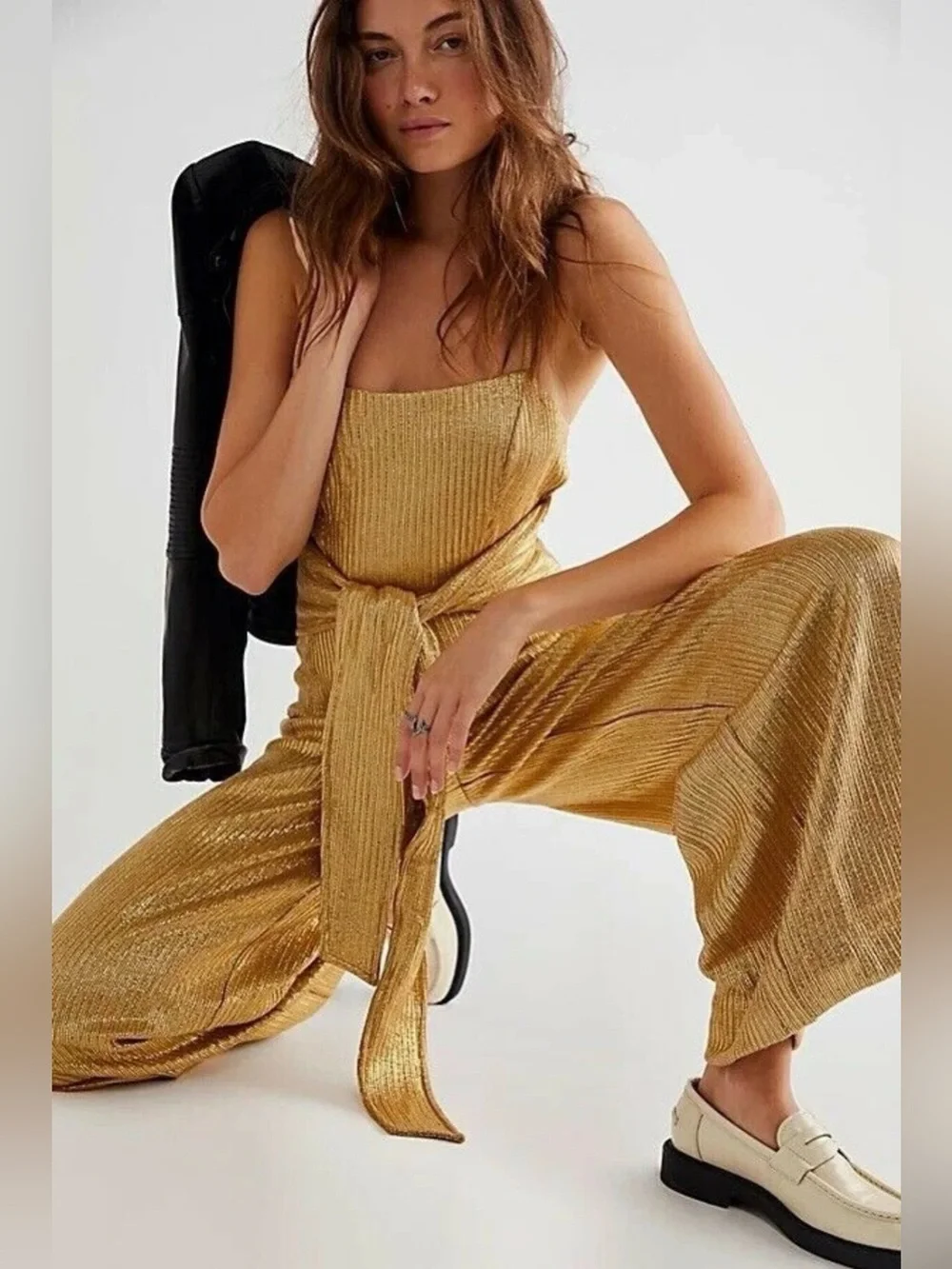 Free People Metallic Gold Wide-Leg Jumpsuit with Waist Tie